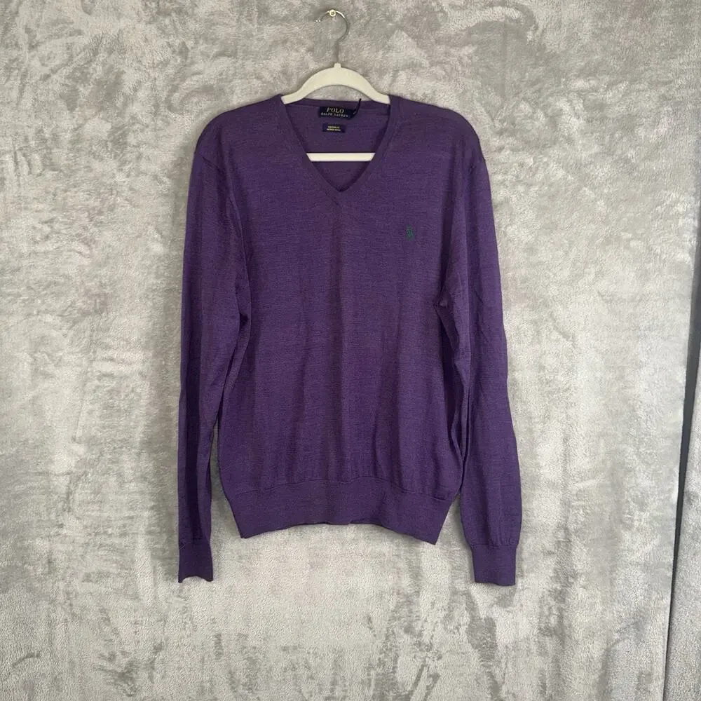 Polo Ralph Lauren Merino Wool V Neck Sweater SZ L Purple Preppy Custom Fit